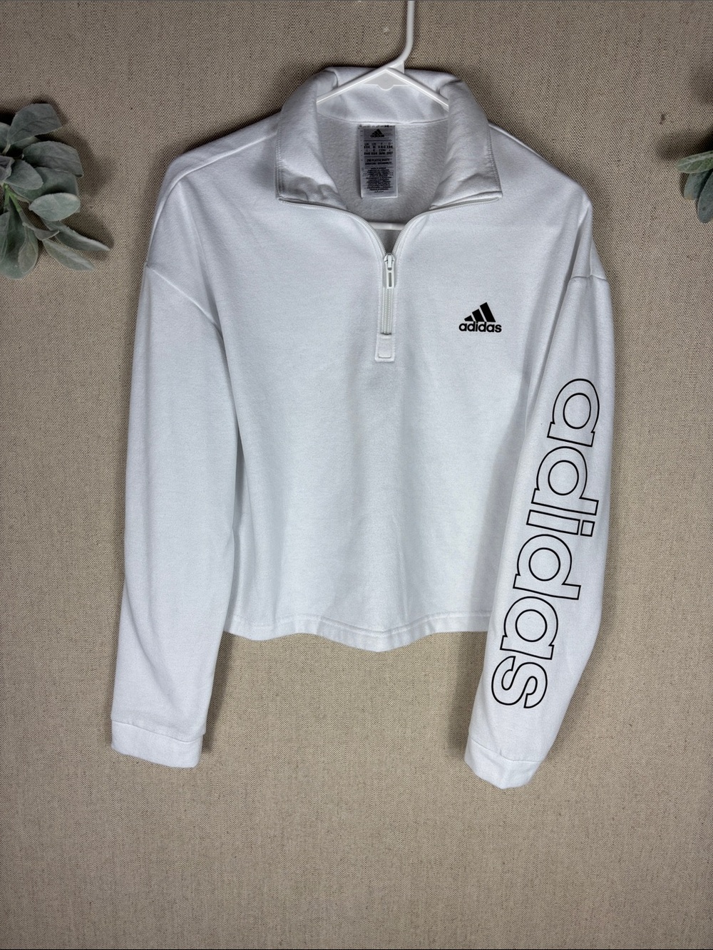 adidas > White Cropped Half-Zip Pullover with Sleeve Script Medium